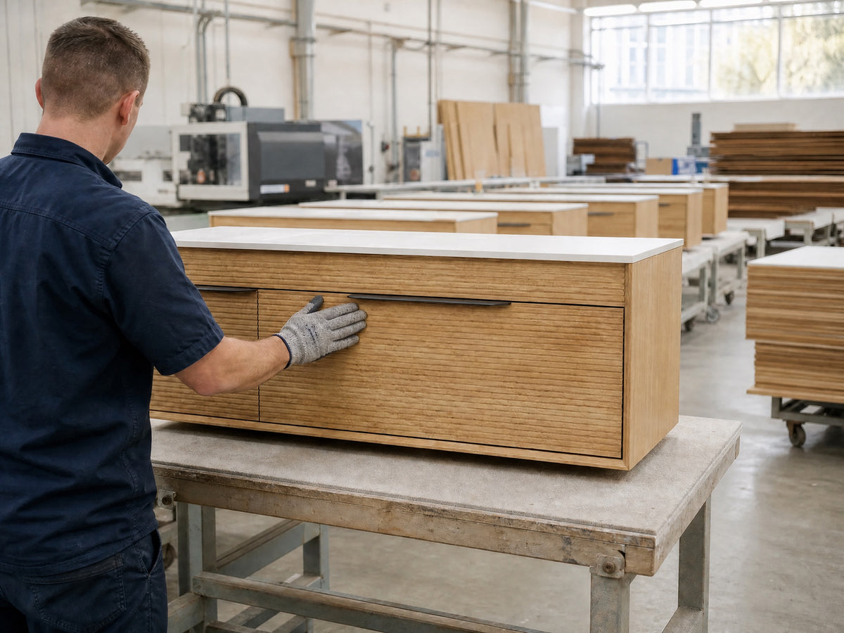 Checking the finish of a fluted oak vanity on the factory floor