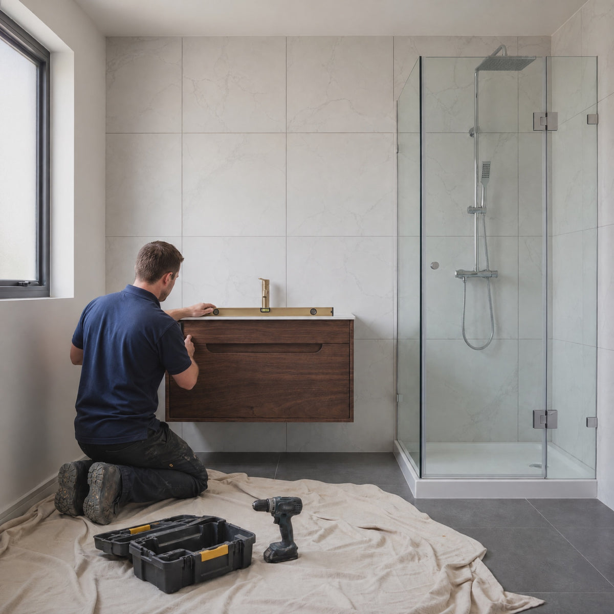 An installer checking a wall-hung vanity is level in a nearly finished bathroom