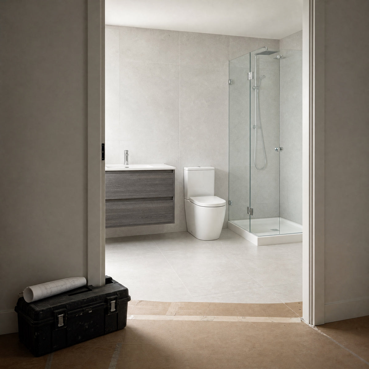 A finished townhouse bathroom seen from a hallway with builders' floor protection